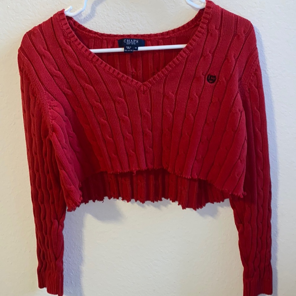 Chaps Red Cropped V-Neck Sweater Y2k - image 2